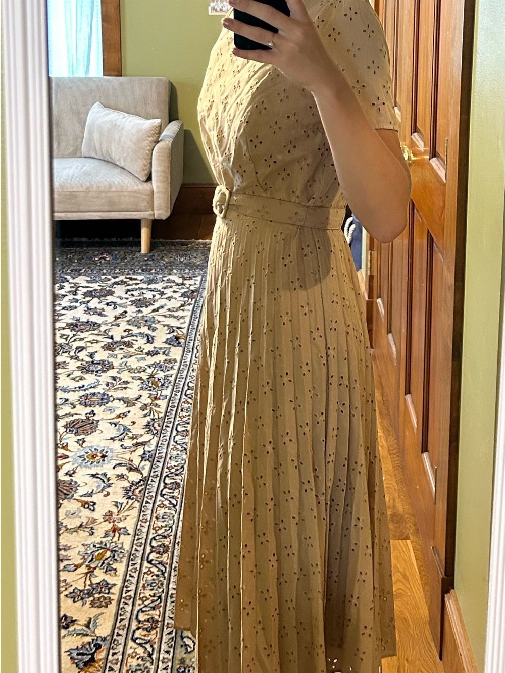 Ann Taylor Mustard Pleated Eyelet Midi Dress - Picture 7 of 10